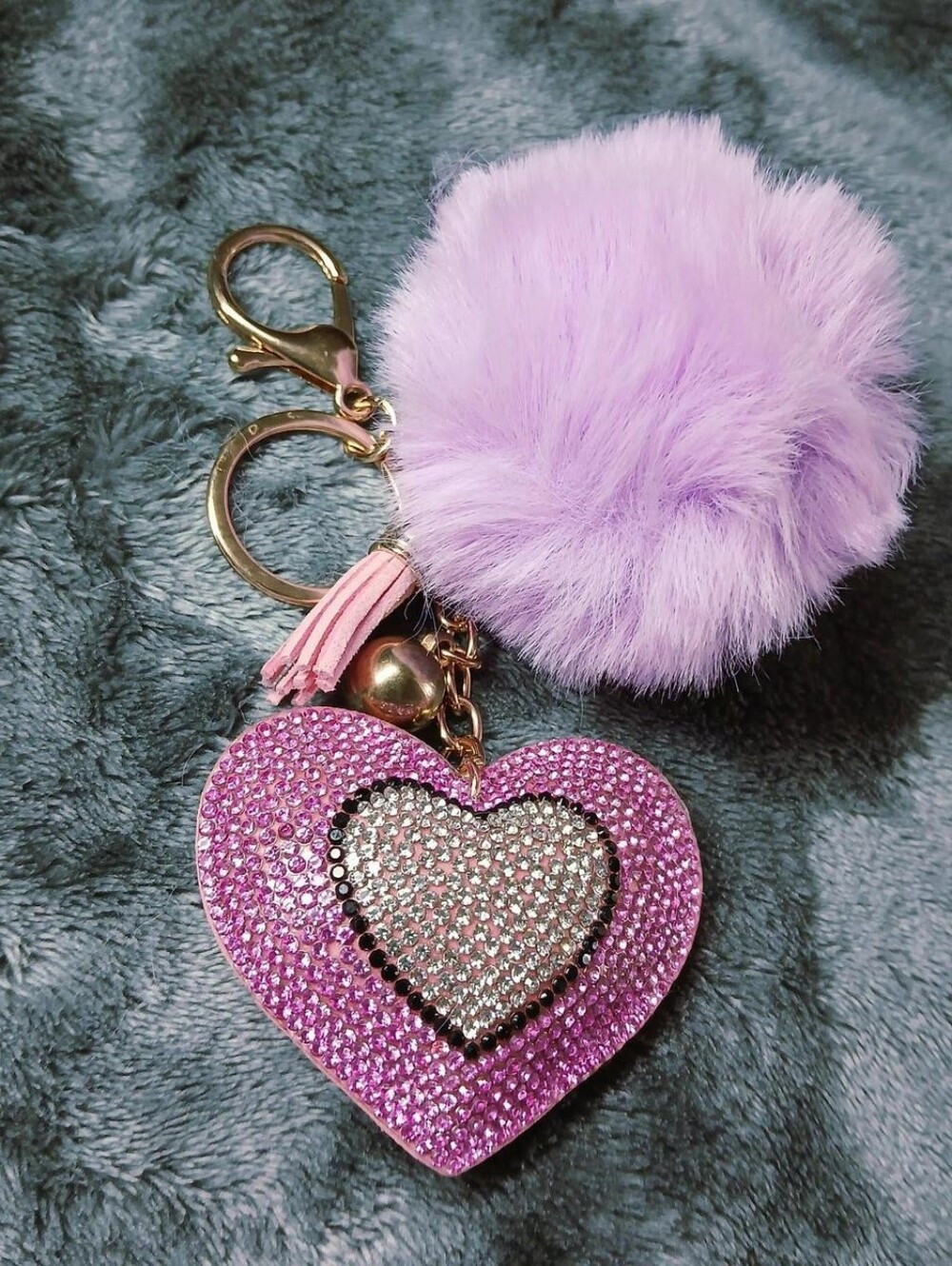Lavender Pom-Pom Heart Key & Card Holder with Pink Crystal Accent